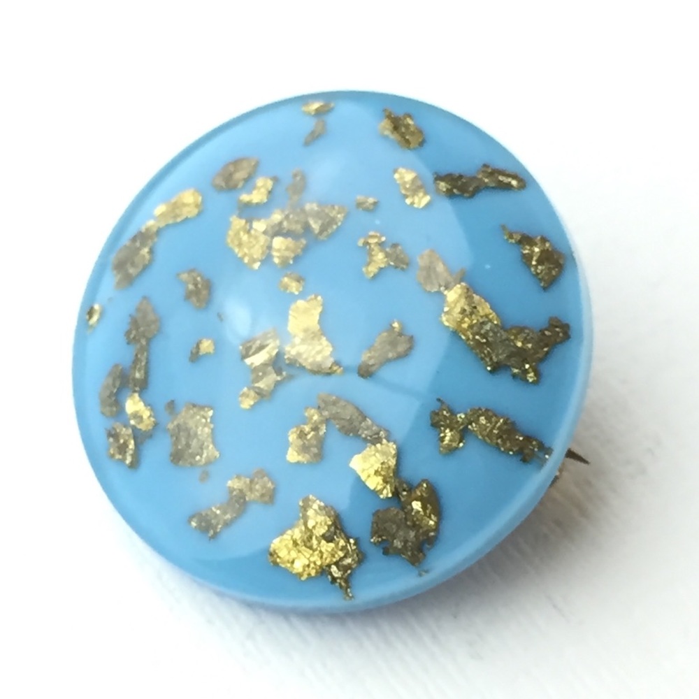 Vintage Blue Lucite Pin With Gold Confetti Flakes